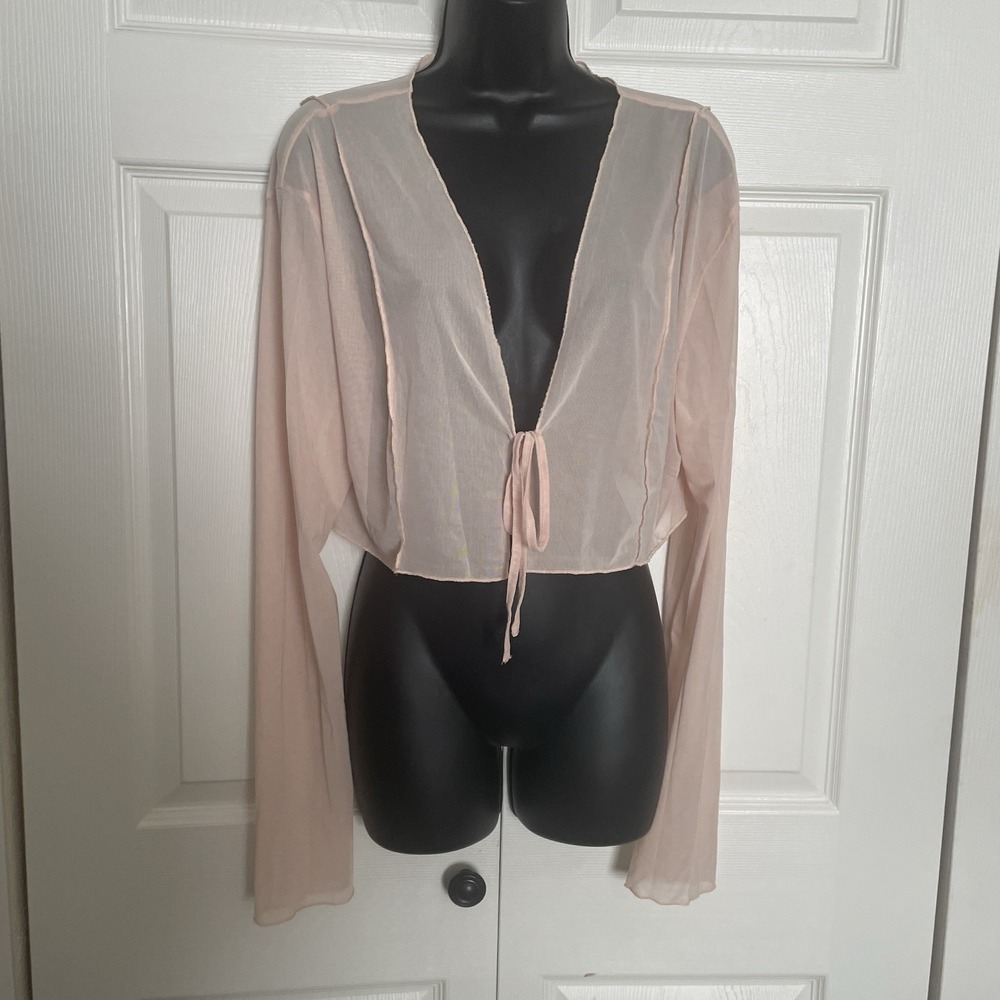 PRETTYLITTLETHING Mesh Shirt Women 12 Pink Long Sleeve Cropped Tied Front Dainty